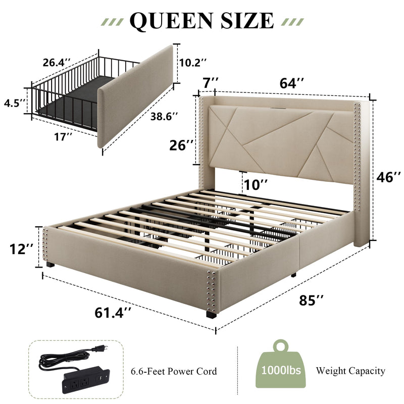 Queen Bed Frame with 4 Storage Drawers, Upholstered Platform Bed Frame with Charging