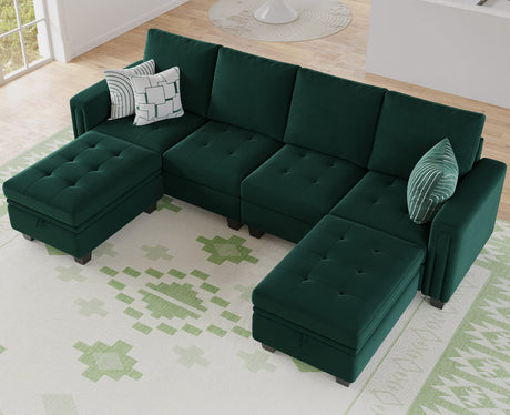 Velvet U Shaped Sectional Sofa Couch with Storage Ottoman Sectional Sofa