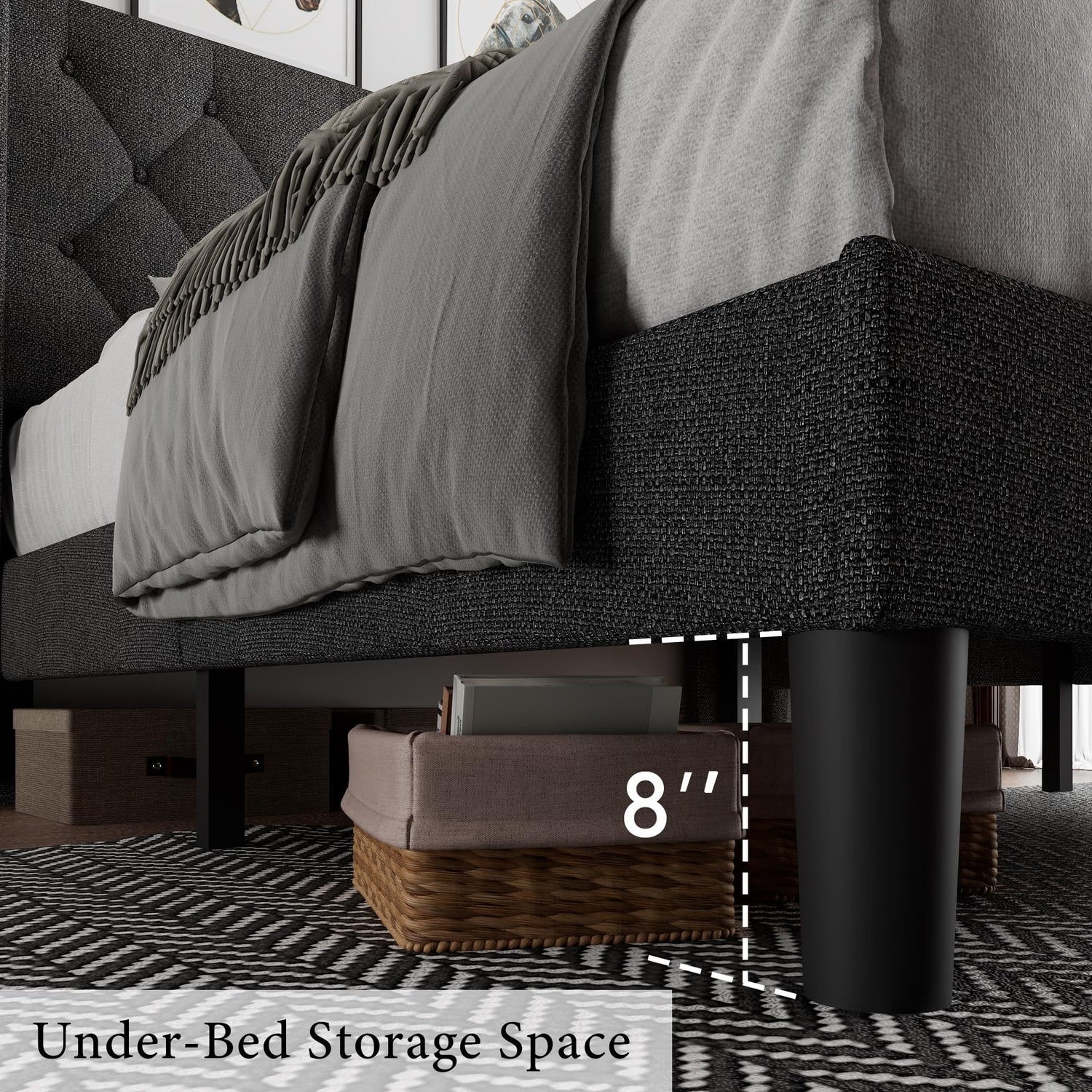 8-inch clearance under-bed storage space for extra bedding and essentials