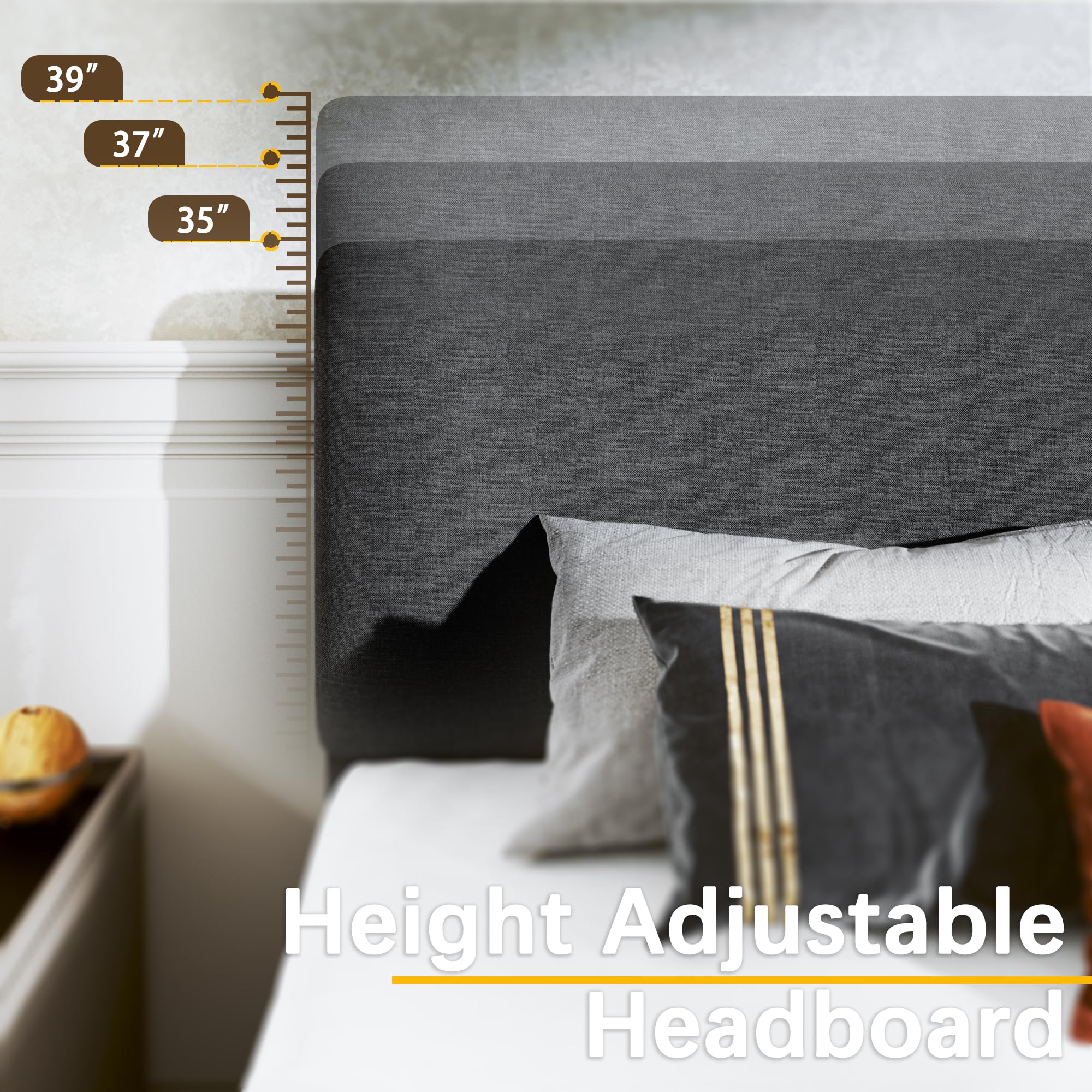 King Bed Frame with Adjustable Headboard Linen Fabric