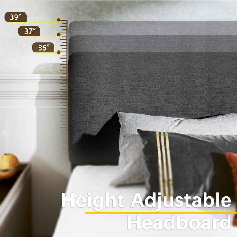 King Bed Frame with Adjustable Headboard Upholstered Bed Frame Platform Linen Fabric