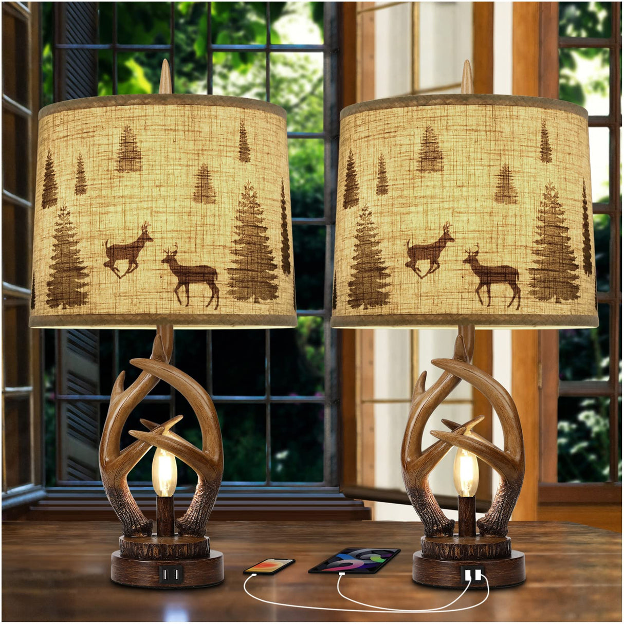 Rustic Farmhouse Antlers Table Lamp Set of 2