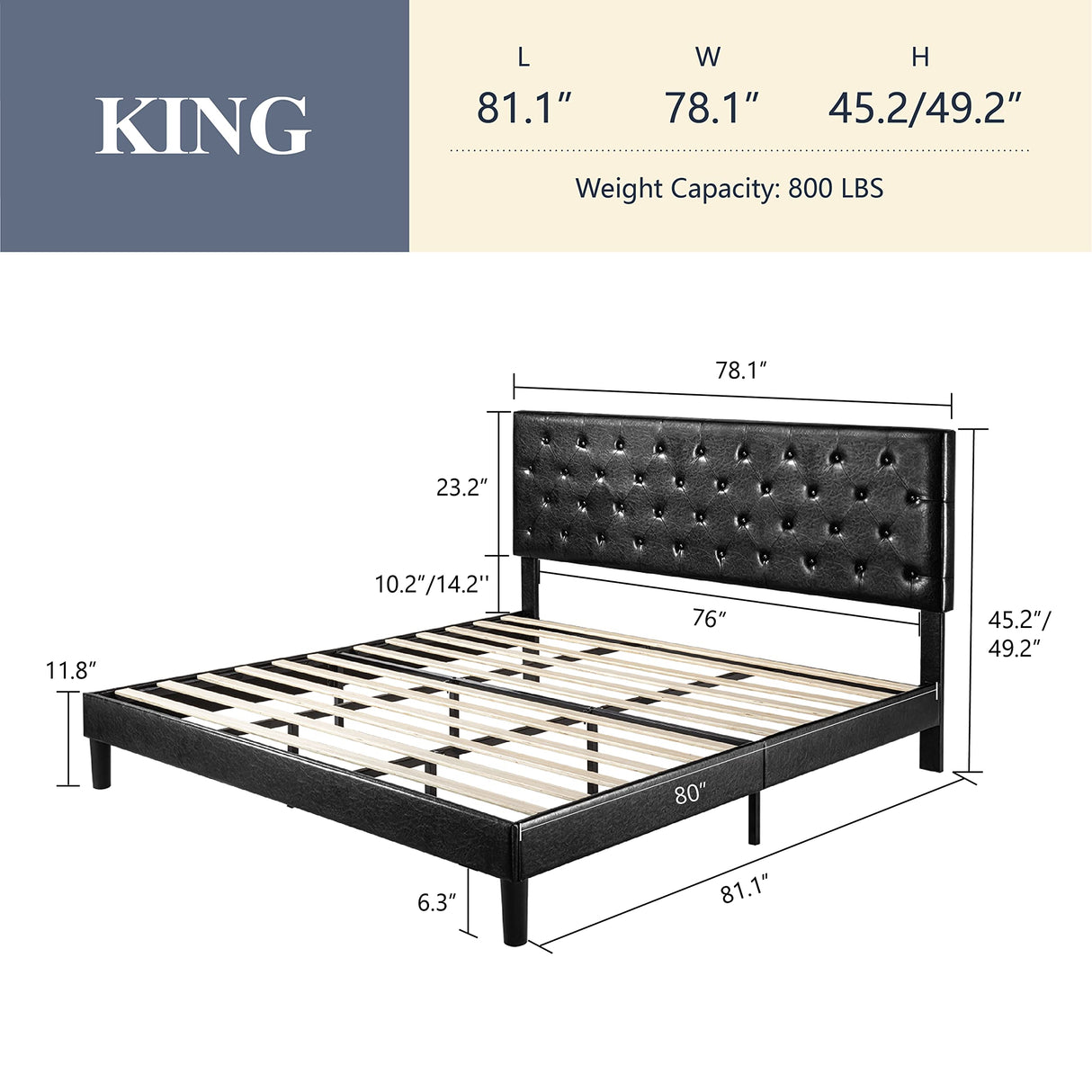 King Bed Frame with Adjustable Diamond Stitched Button Tufted Headboard