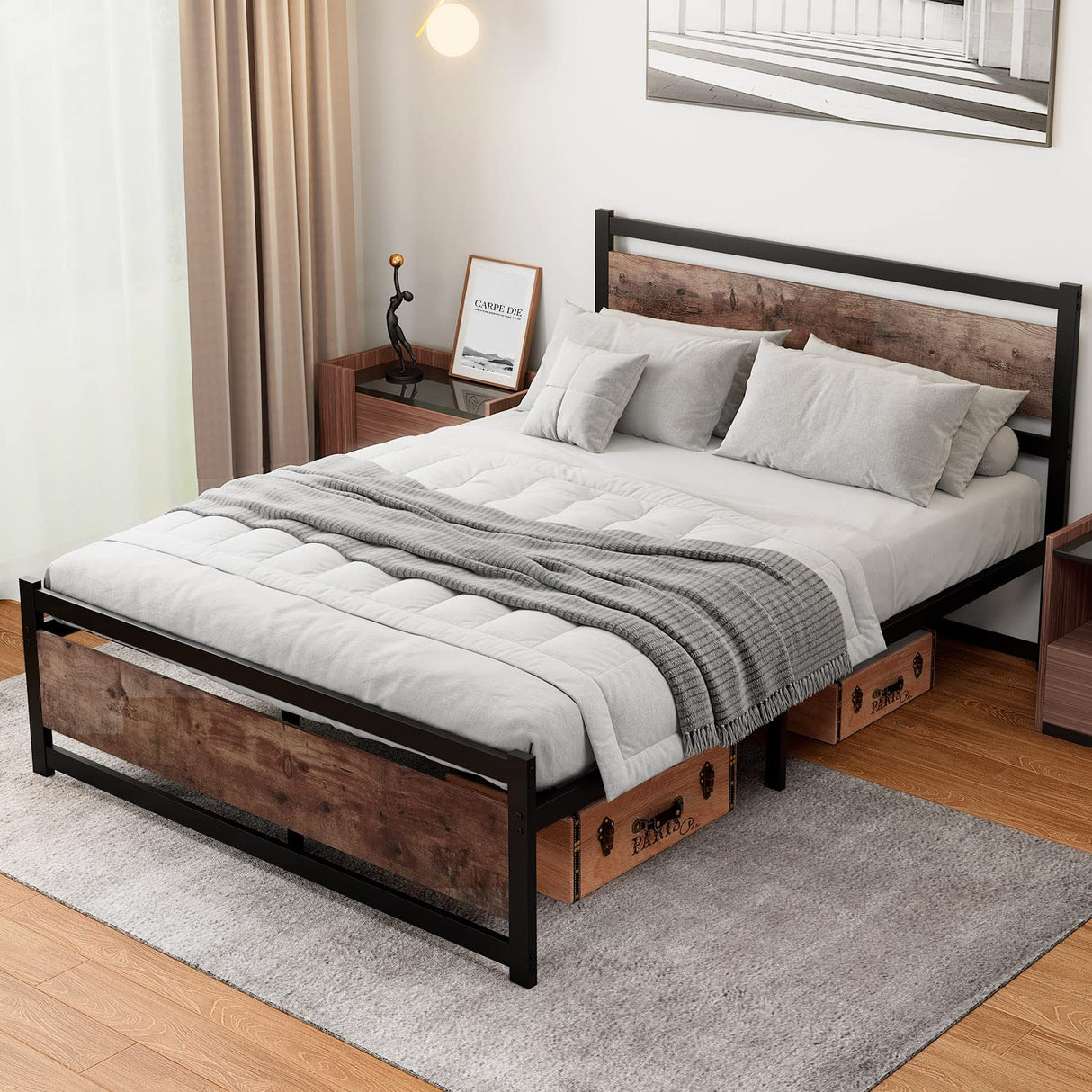 King Size Bed Frame with Wooden Headboard