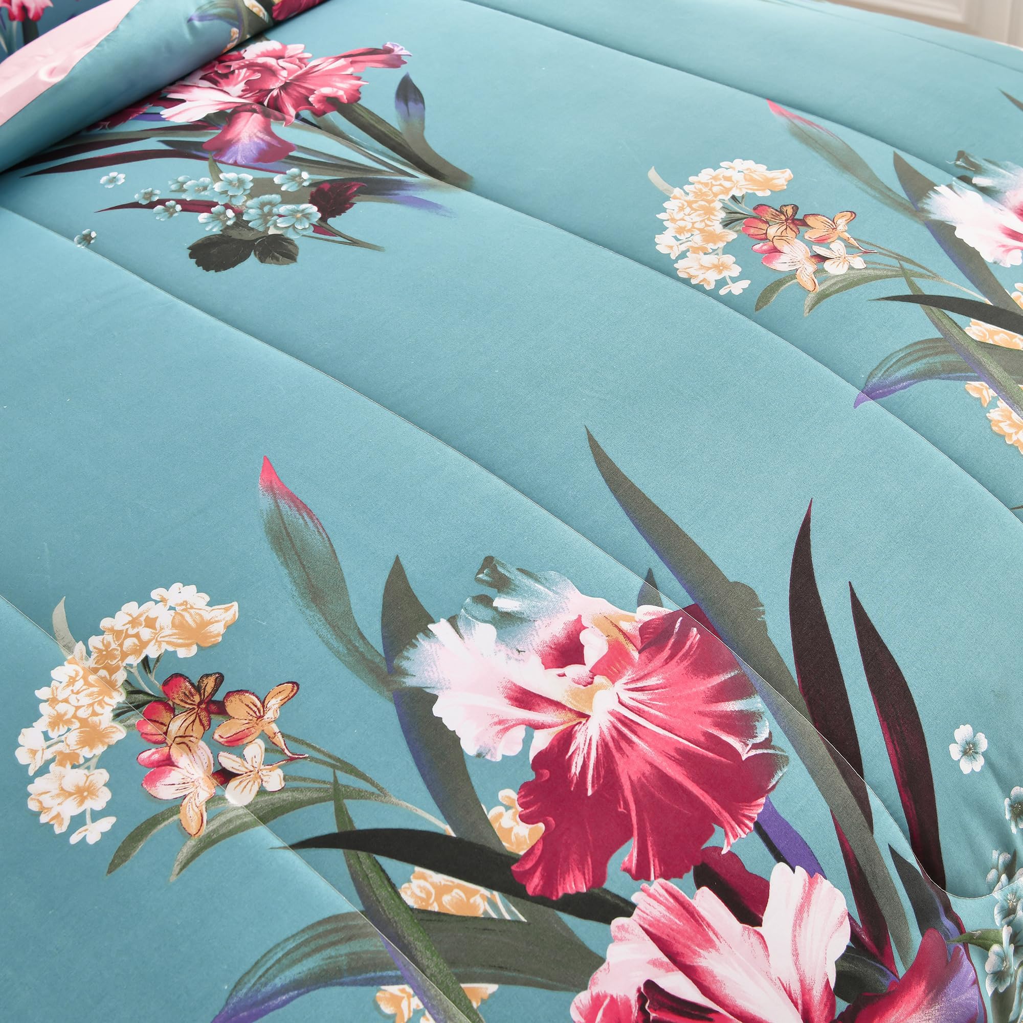 3 Piece Full Size Comforter Set Blue All Season Bedding Botanical Teal Floral