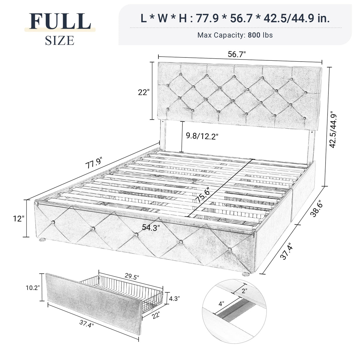 Upholstered Full Size Platform Bed Frame with 4 Storage Drawers