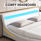 Modern Upholstered Platform Bed Frame with LED Lights and Curved Headboard, Faux Leather