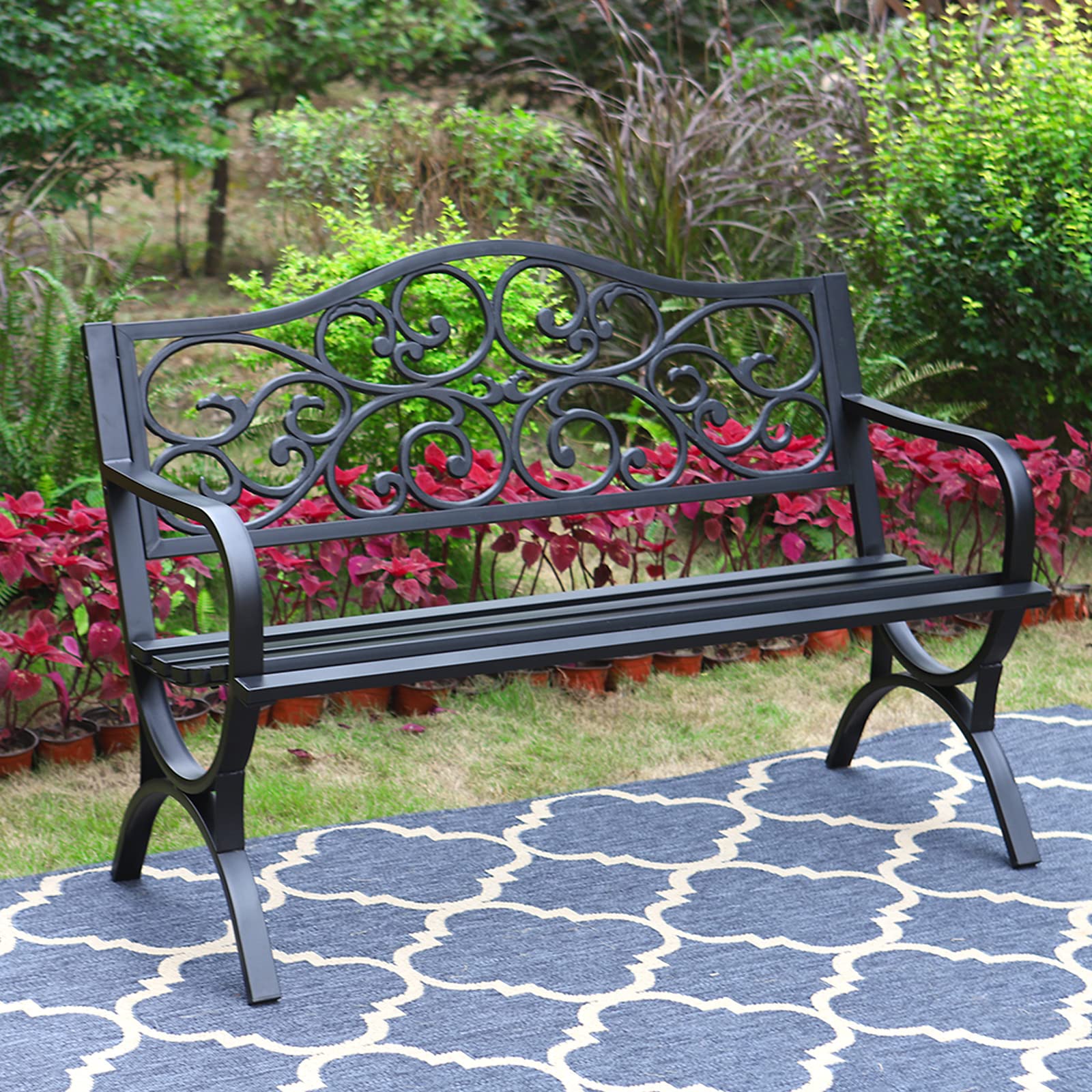 50 Inches Outdoor Garden Bench ,Cast Iron Metal Frame Patio Park Bench with Floral Pattern