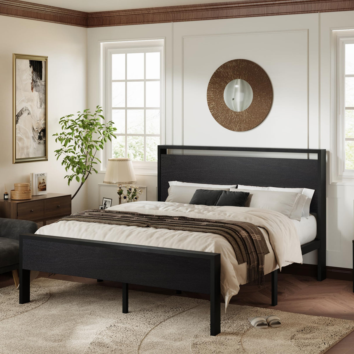 Queen Size Platform Bed Frame with Wooden Headboard and Footboard, Heavy Duty