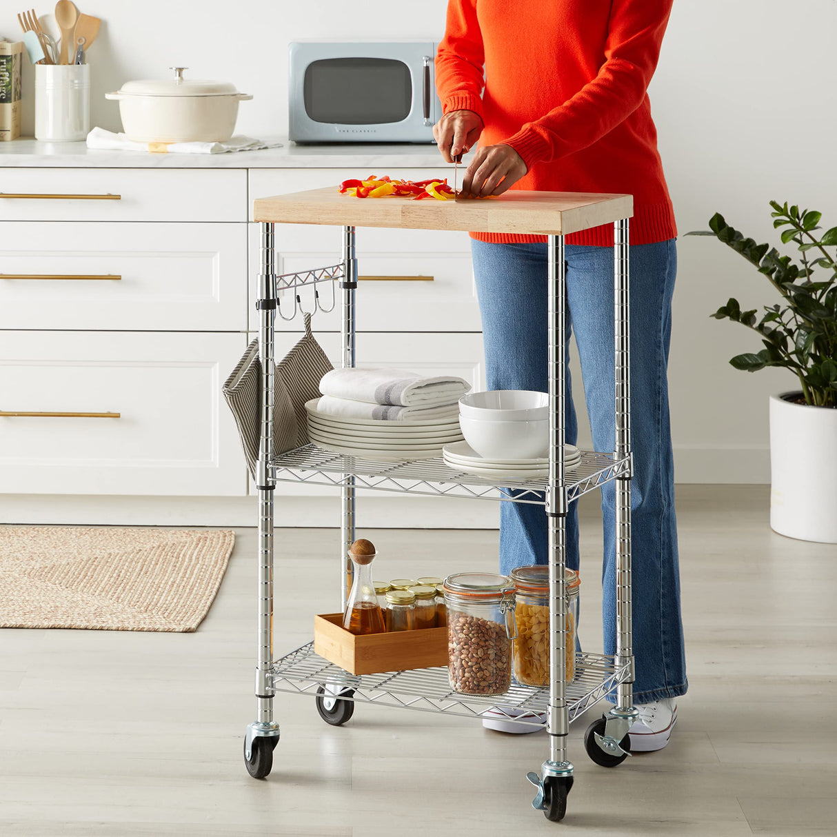 Kitchen Storage Microwave Rack Cart on Caster Wheels with Shelves