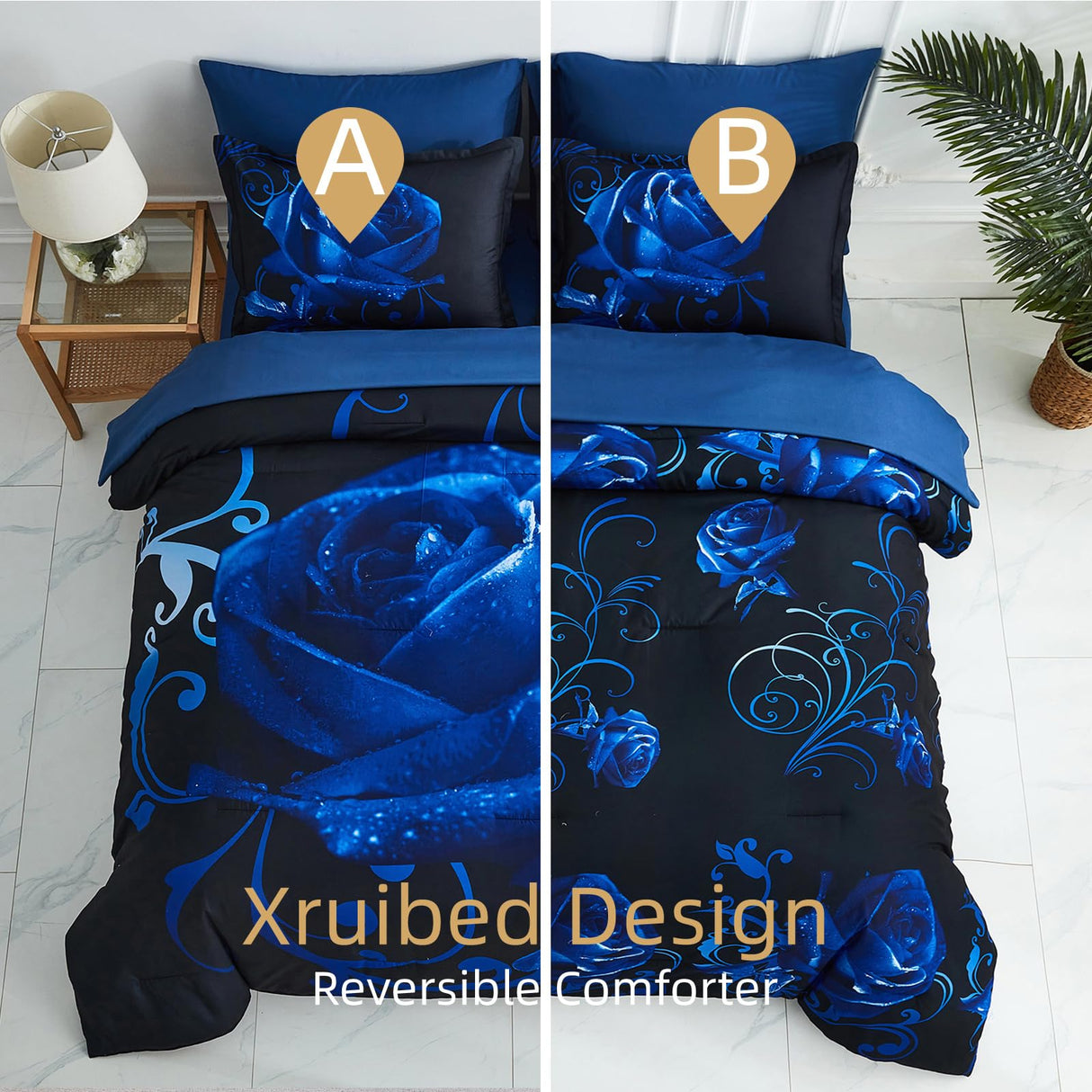 Blue Comforter Set 7 Piece Bed in a Bag Blue Rose Comforter