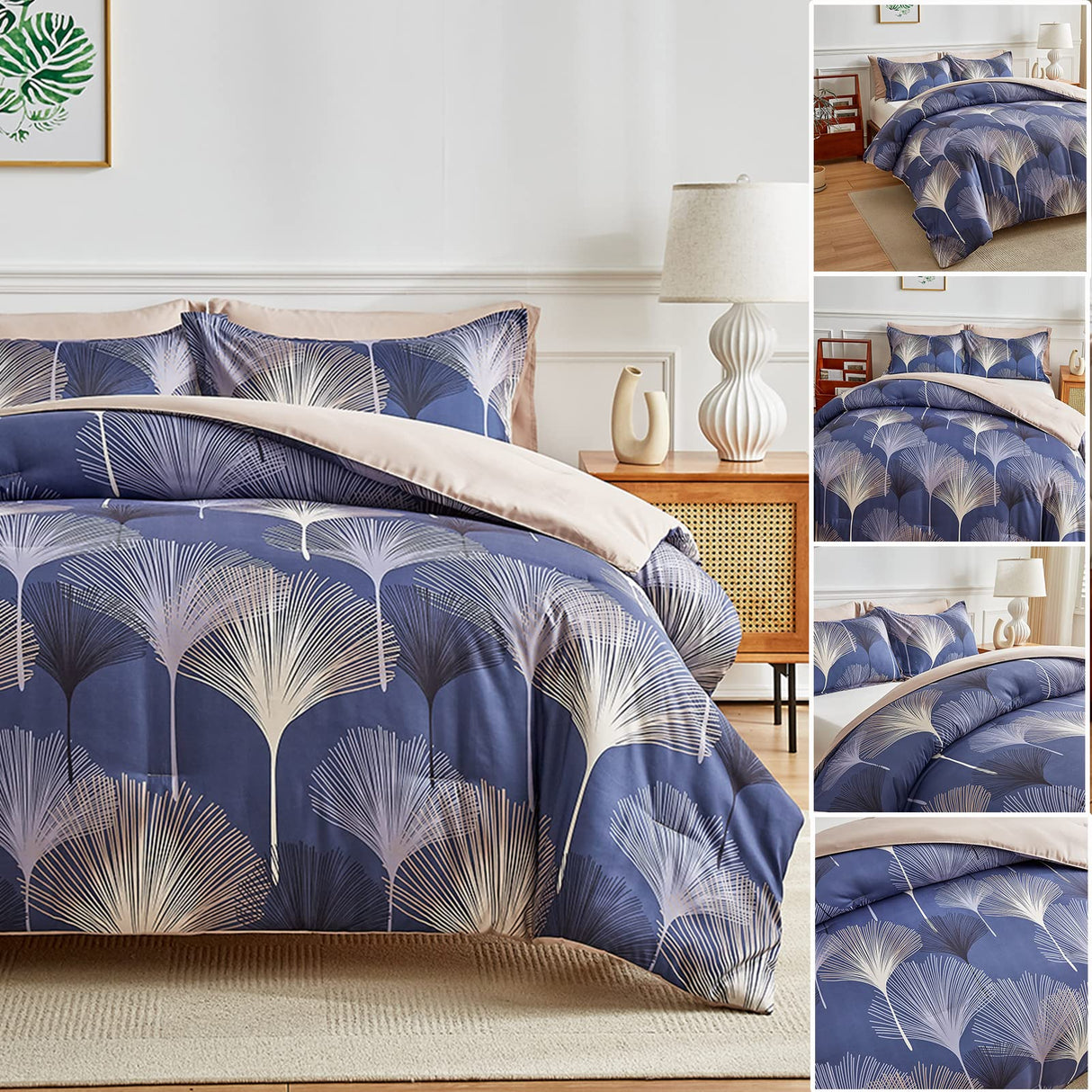 Navy Leaf Comforter Set King(91'' x 102'') Size Whole Piece Filling Light Weight Comforter