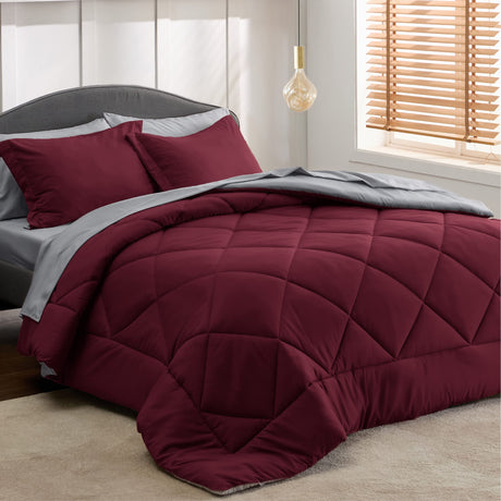 Burgundy Queen Comforter Set - 7 Pieces Reversible Queen Bed in a Bag Queen Bed Set