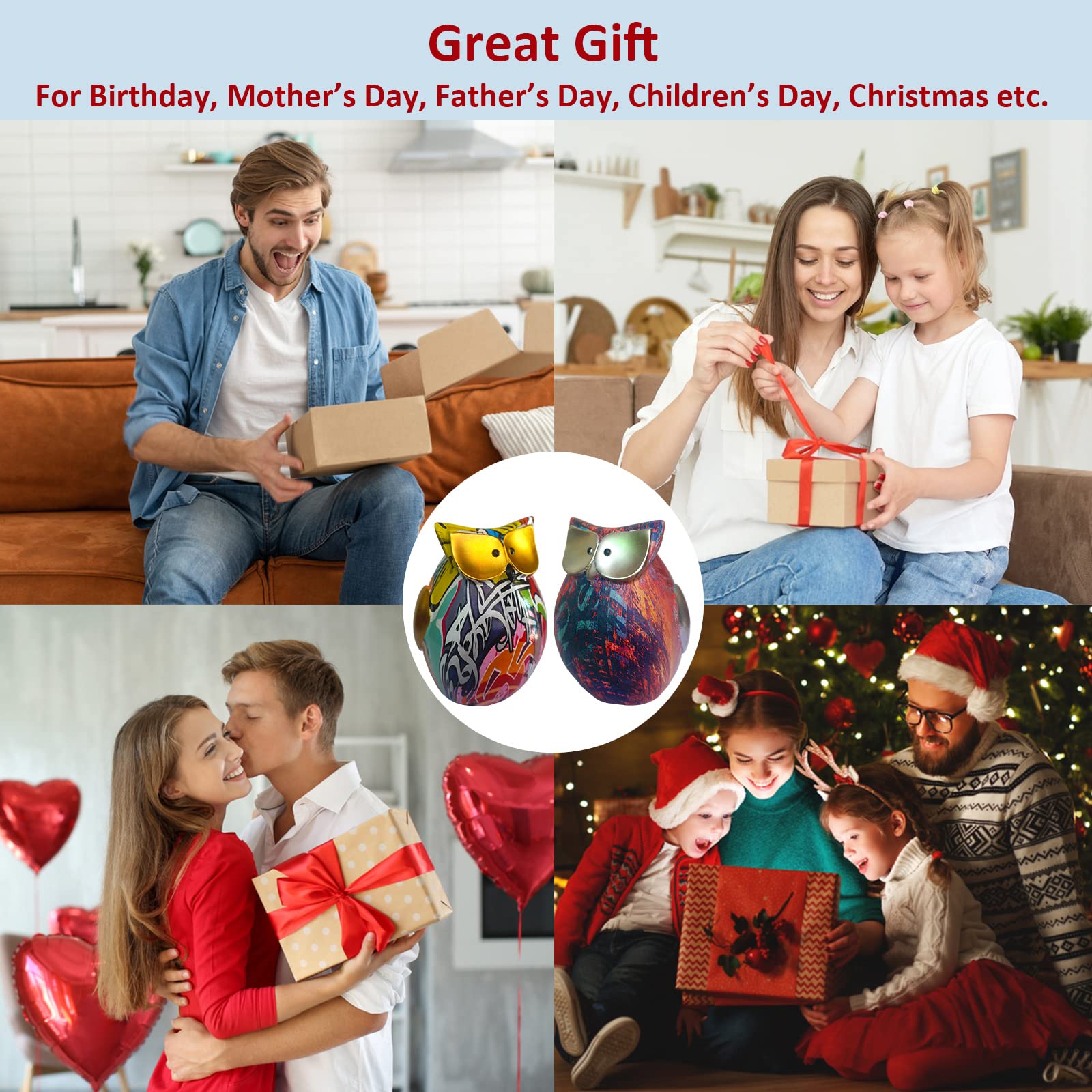 Owl Figurines Statues Set of 2, Graffiti and Oil Paint Owl Decor Collectible Figurines