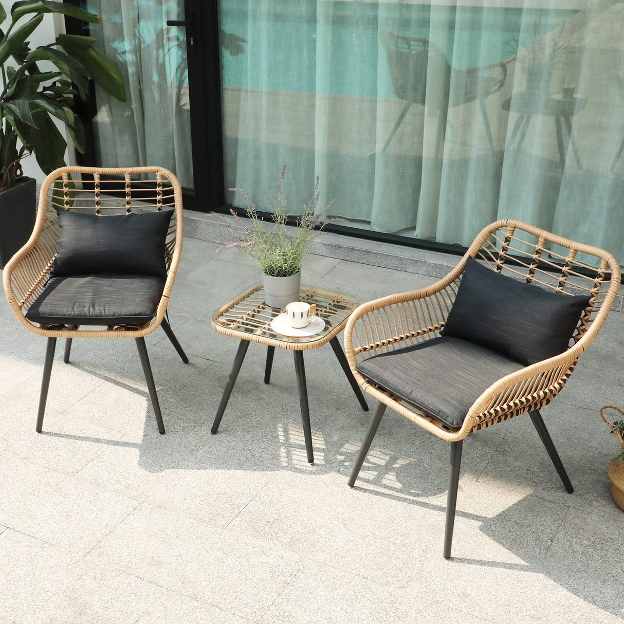 3 Piece Patio Bistro Set, Outdoor Wicker Conversation Chair