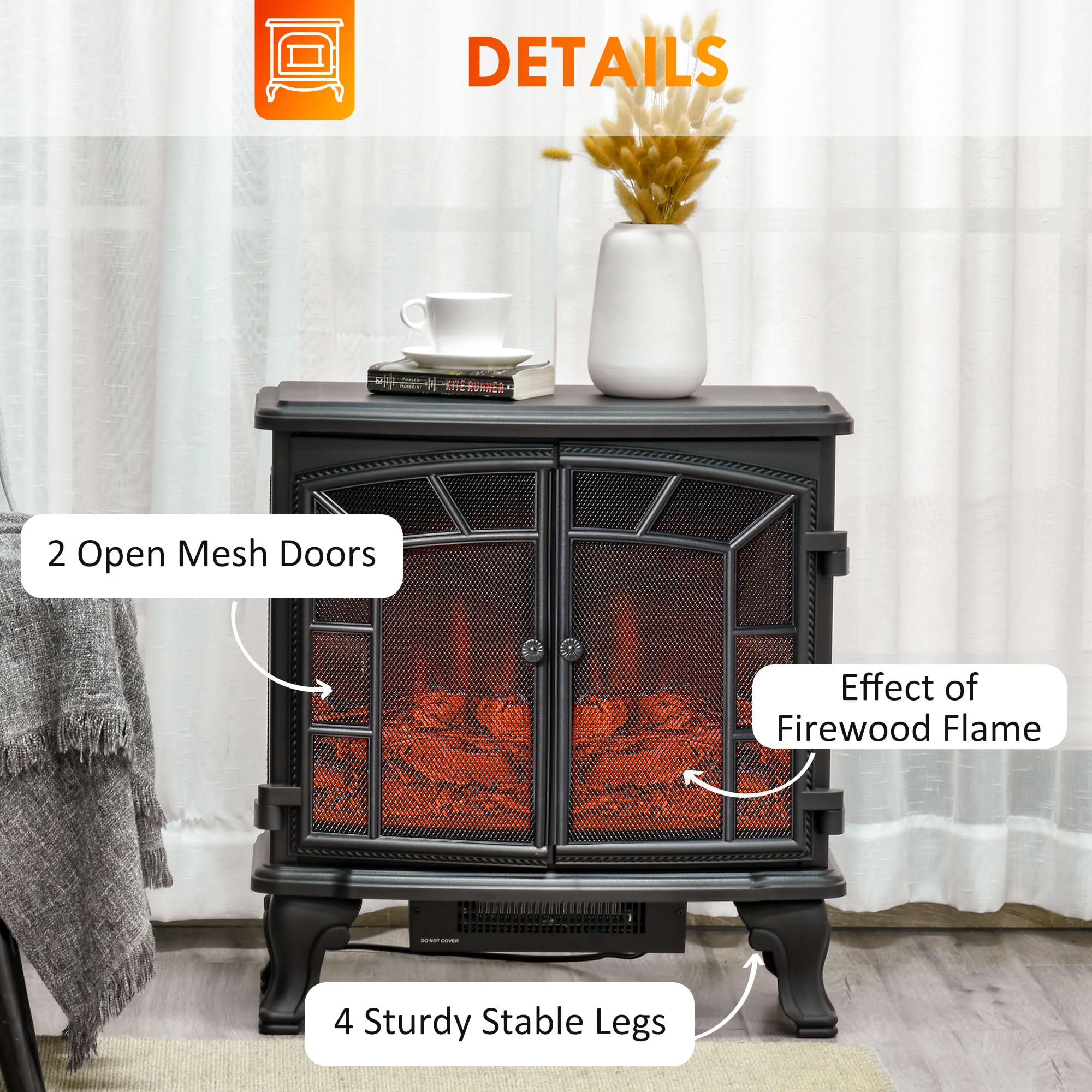 Fireplace Stove with Realistic LED Flames and Logs