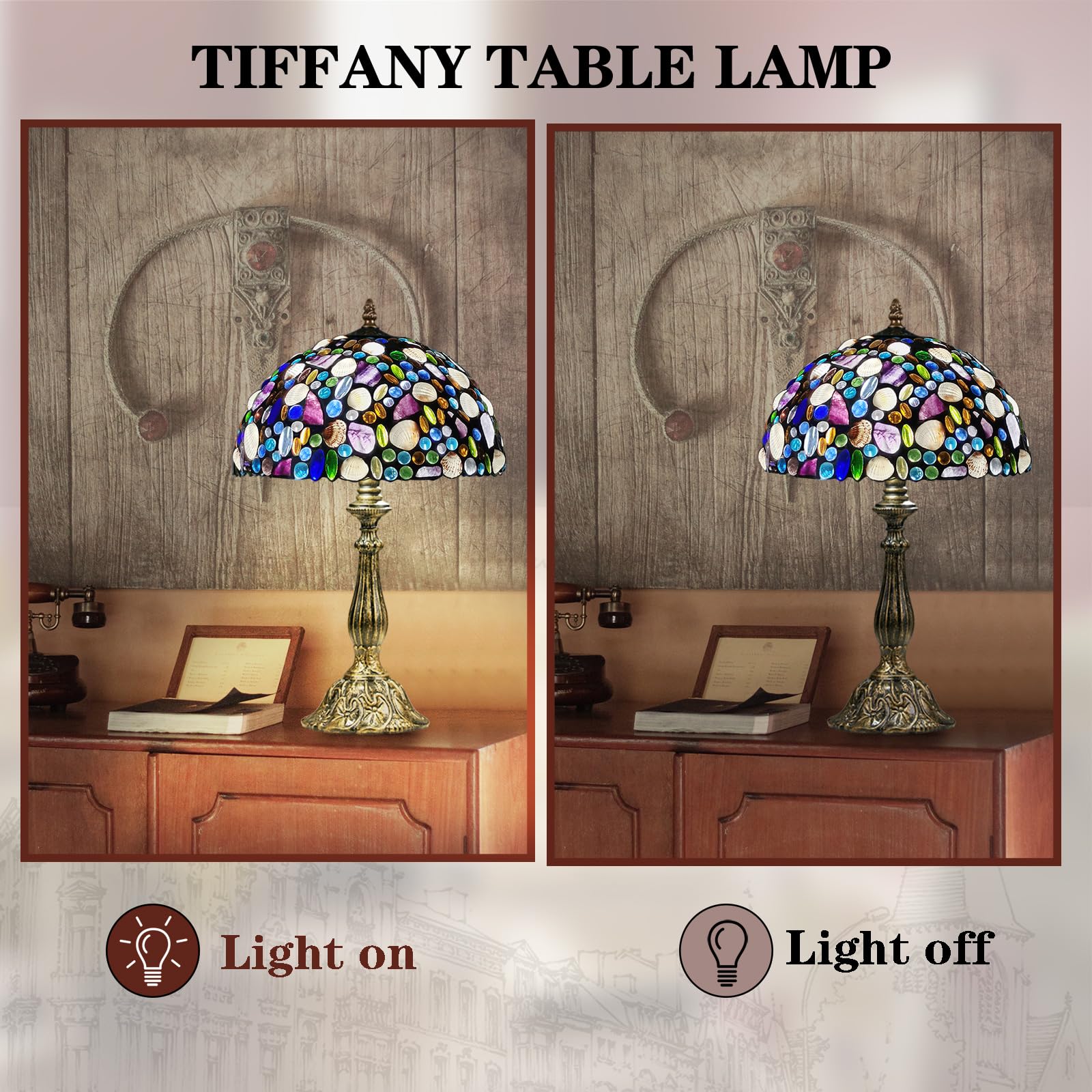 Tiffany Table Lamp,Stained Glass Lamp with Natural Shell and Amethyst,12" Vintage