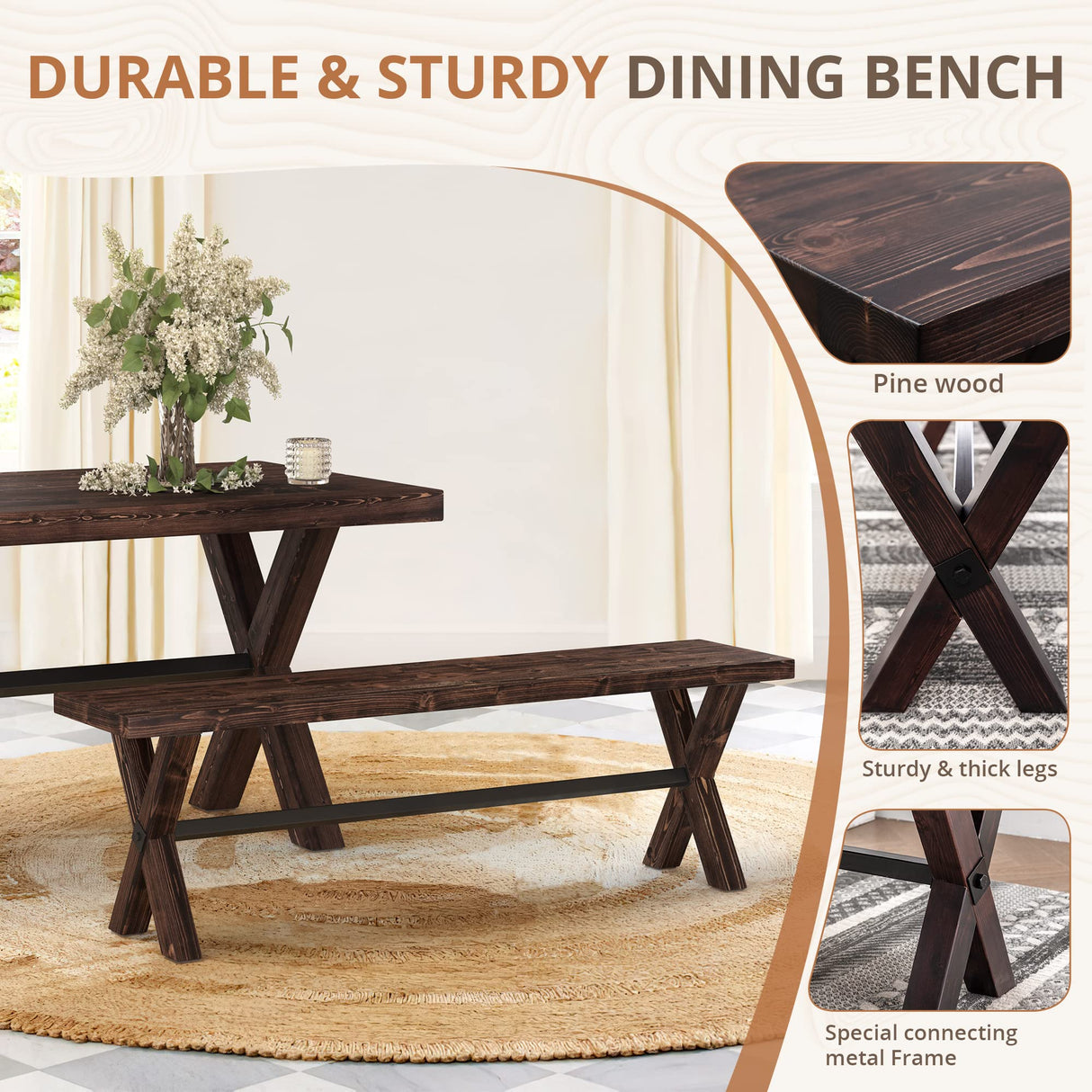 59'' Dining Bench With Solid Wood Construction Farmhouse Kitchen Bench