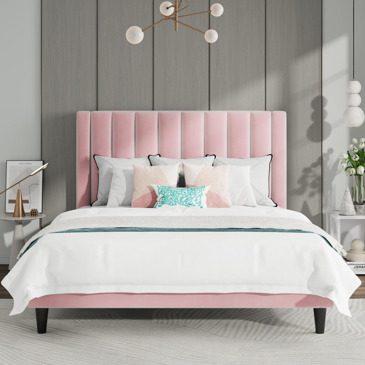 Full Bed Frame/Velvet Upholstered Platform Bed Frame with Headboard/Strong Wood Slats Support