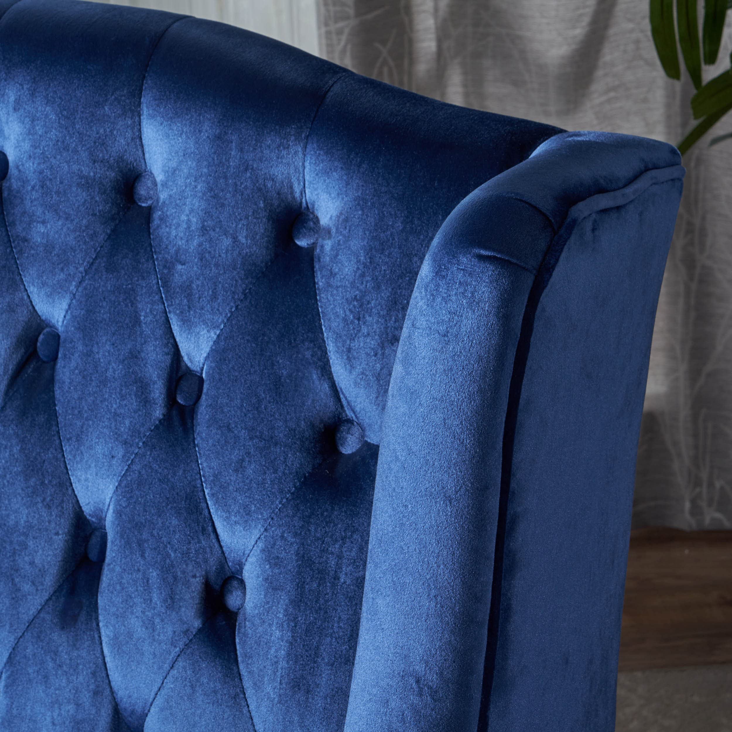 Leora Traditional Tufted Velvet Wingback Loveseat, Navy Blue / Dark Brown
