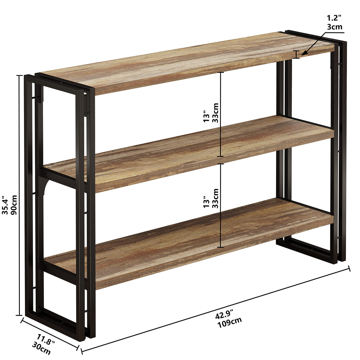 Bookshelf Industrial 3 Shelf Bookcase, Wood Storage Shelf with Metal Frame