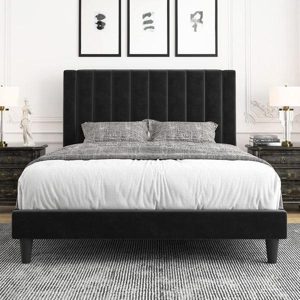 Queen Bed Frame Velvet Upholstered Bed Frame with Vertical Channel