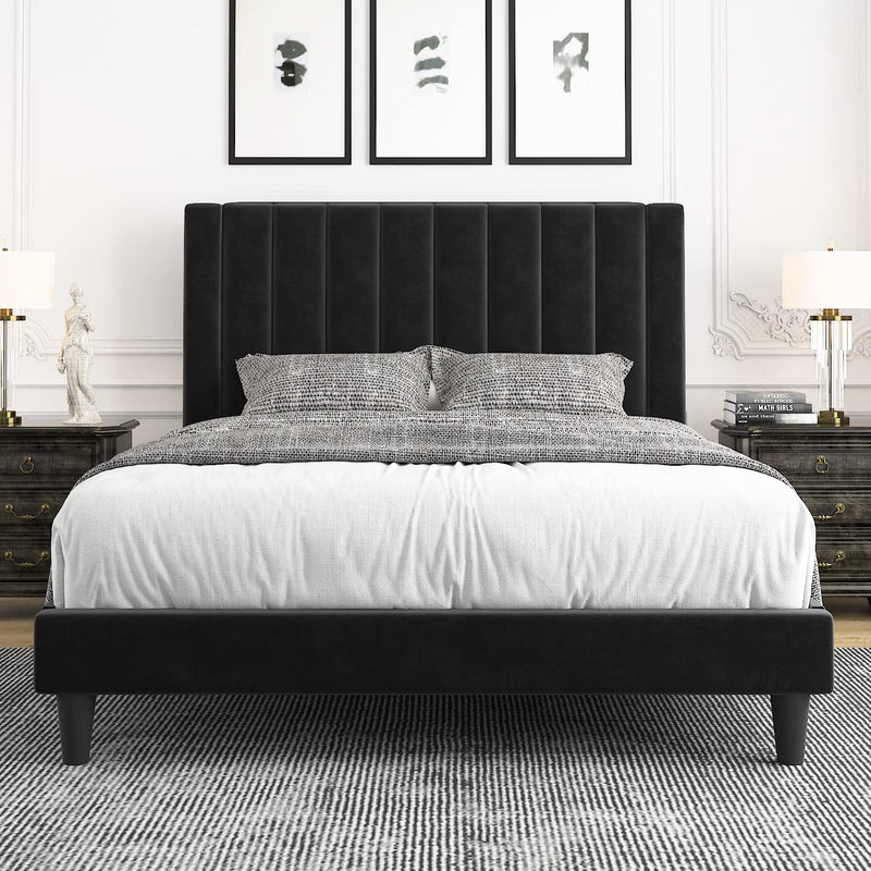 Queen Bed Frame Velvet Upholstered Bed Frame with Vertical Channel Tufted Headboard