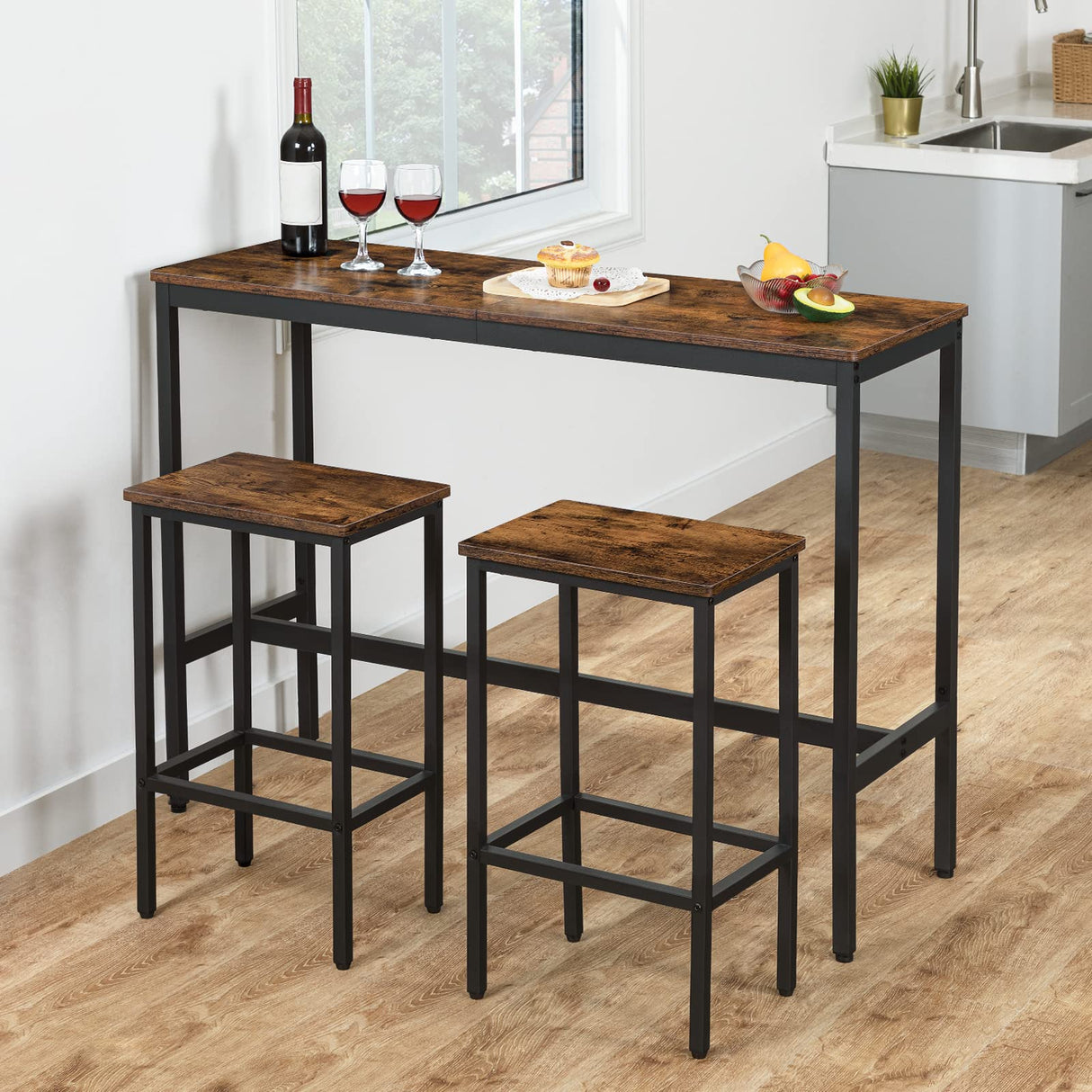 Narrow Bar Table, 47.2-Inch Rectangular Pub Table with Sturdy Metal Frame