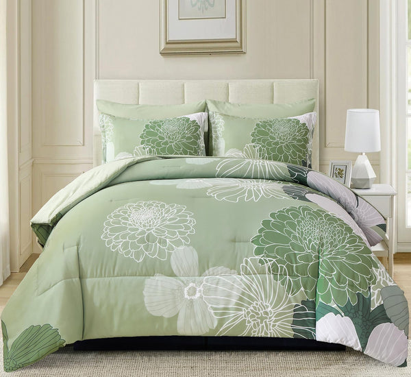 7 Pieces Bed in a Bag Green Comforter Set Queen Floral Comforter Soft Microfiber Bedding