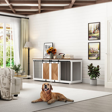 72.4" Large Double Dog Crate Furniture, Wooden Dog