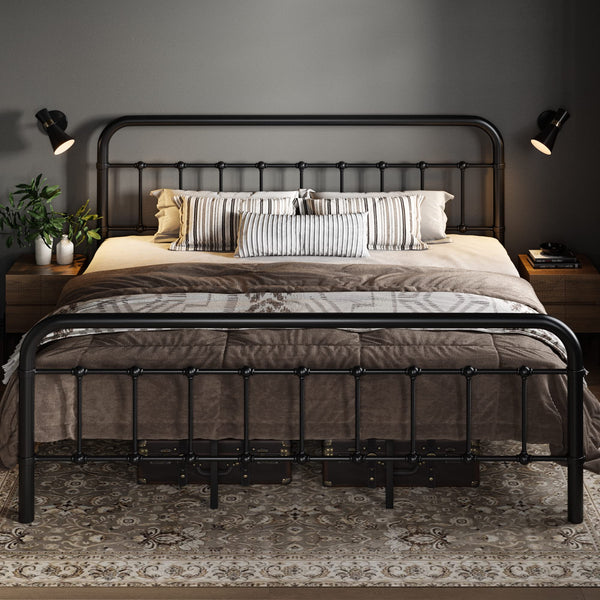 King Size Metal Platform Bed Frame with Victorian Style Wrought Iron-Art Headboard