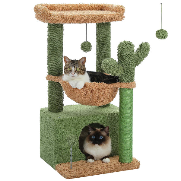 4-in-1 Cactus Cat Tree, 33 Inches Cat Tower for Indoor Cats with Large Cat Condo