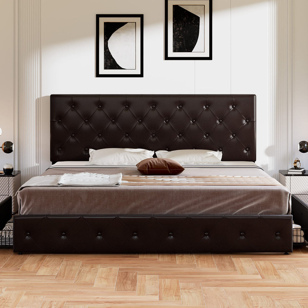 Upholstered King Size Platform Bed Frame with 4 Storage Drawers