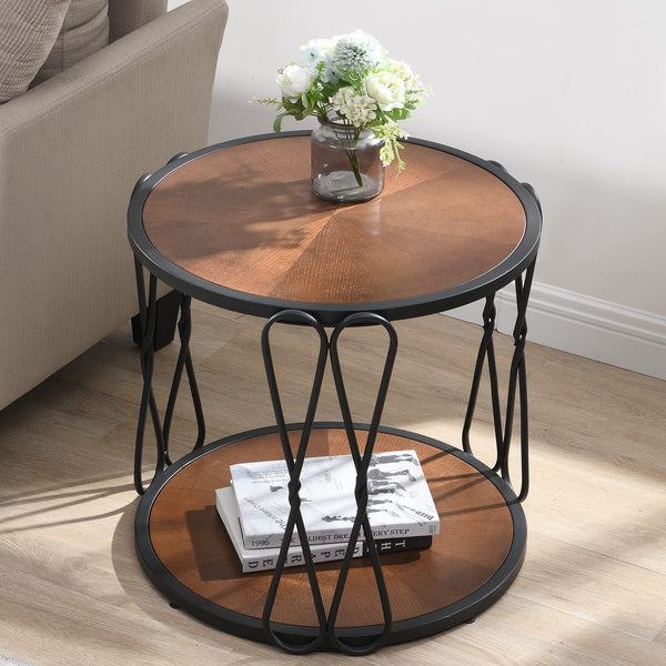 Color Variation End Table-Wood Frame Side Table Round Coffee Table X-Design Nightstand Rustic Bedside Table