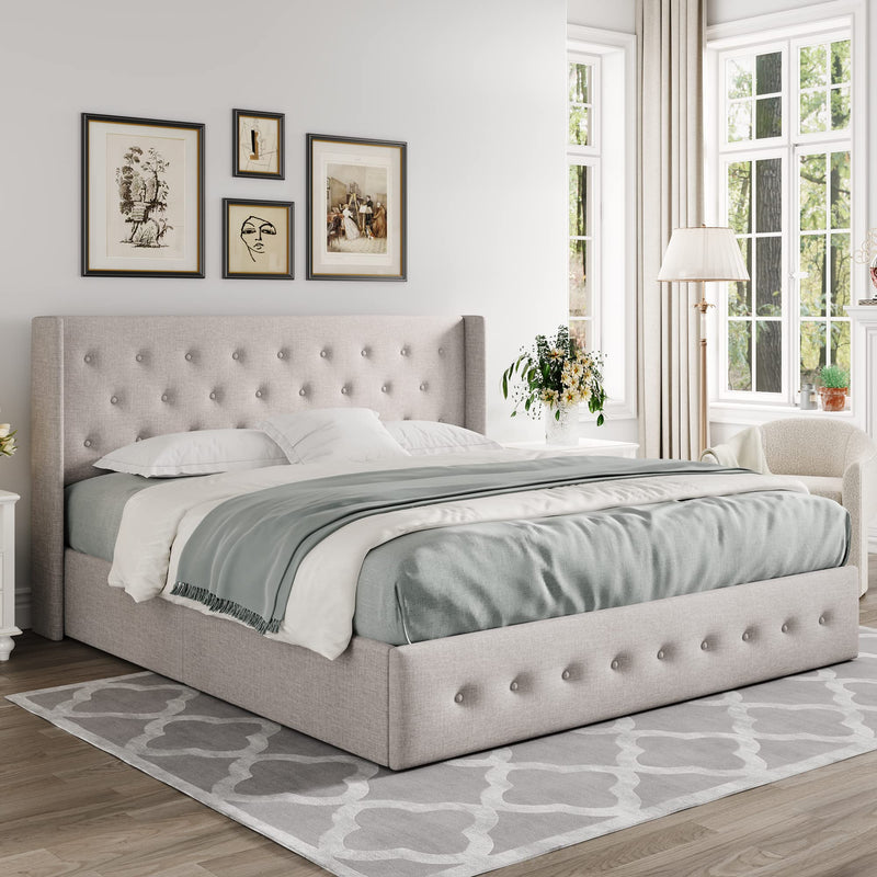 King Size Lift Up Storage Bed, Button Tufted Headboard with Wingback, No Box Spring Needed
