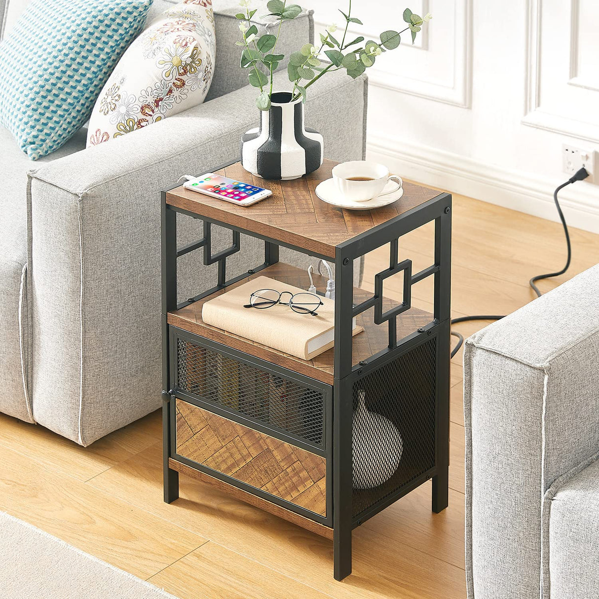 End Table with Charging Station, Industrial Side Table with USB Ports and Outlets, Bedside Tables with Door, 3-Tier Nightstand