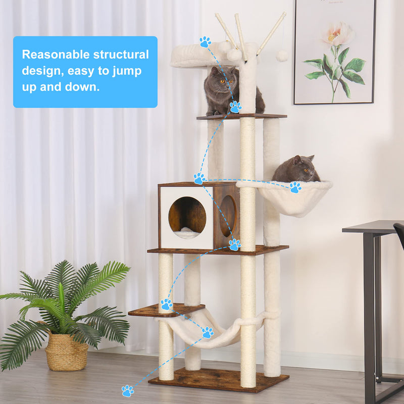 Wooden Cat Tree, 66.1“ Cat Furniture with Scratching Posts, Modern Cat Tower