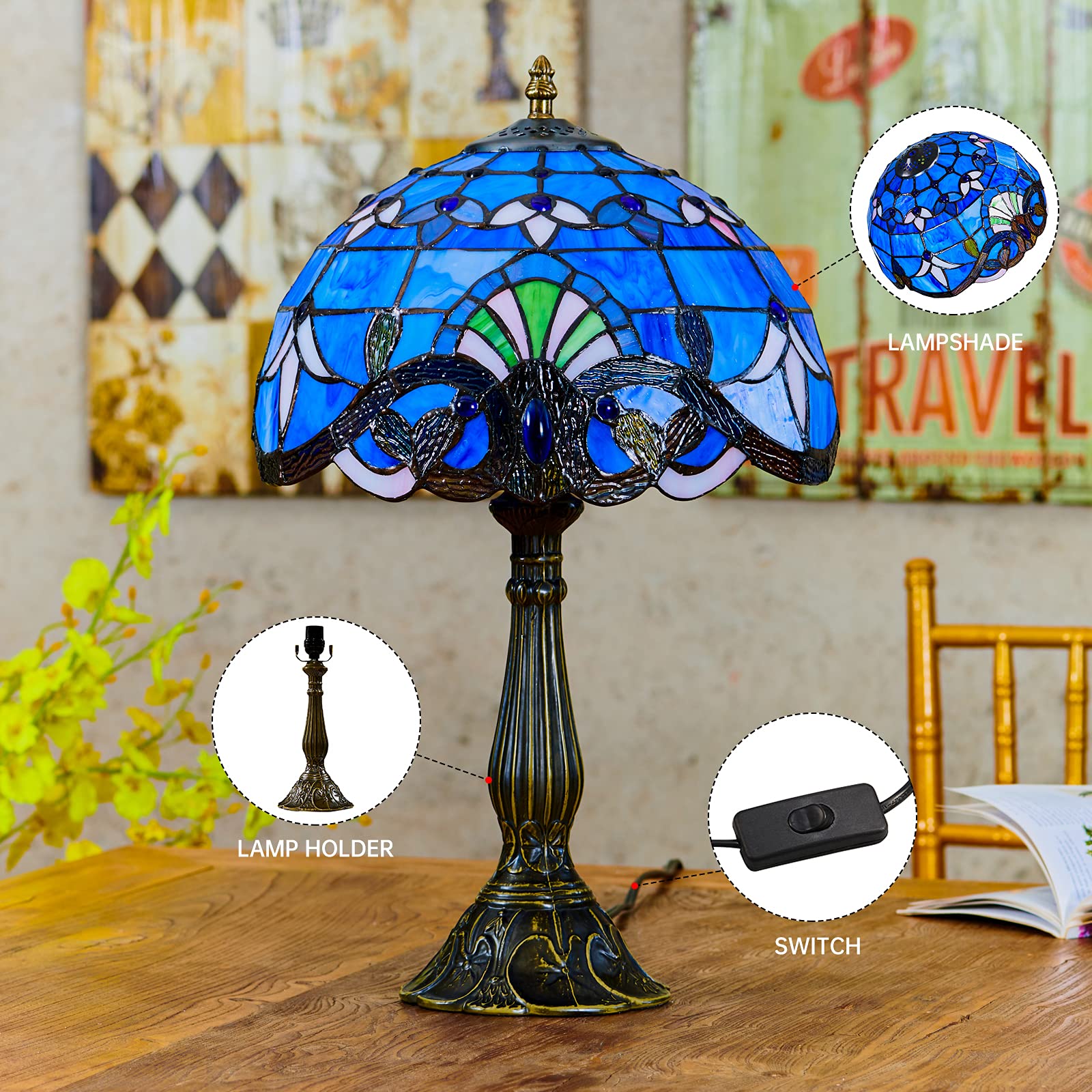 Tiffany Table Lamp Blue Stained Glass Style Vintage