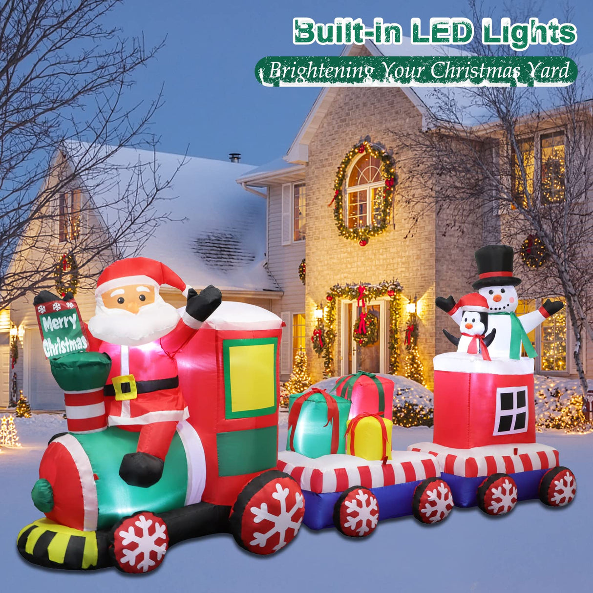 8 FT Christmas Inflatable Train with Santa Claus Snowman Penguin