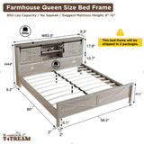 Farmhouse Queen Size Bed Frame with Storage Bookcase Headboard with Sliding Barn