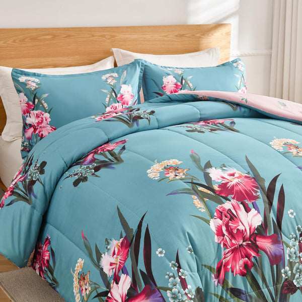 (86x82Inch 3 Piece Full Size Comforter Set Blue All Season Bedding Botanical Teal Floral