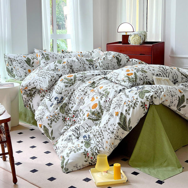 Floral Full Size Comforter Set, Sage Green Floral Bedding Cotton Comforter Set, Yellow Flower Botanical Pattern Printed Bedding Sets
