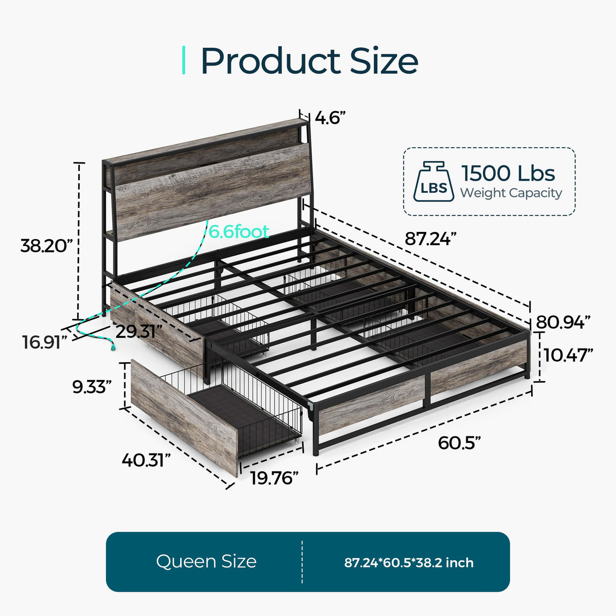 Queen Bed Frame with 4 Drawers & Headboard, Bed Frame with RGB Lights