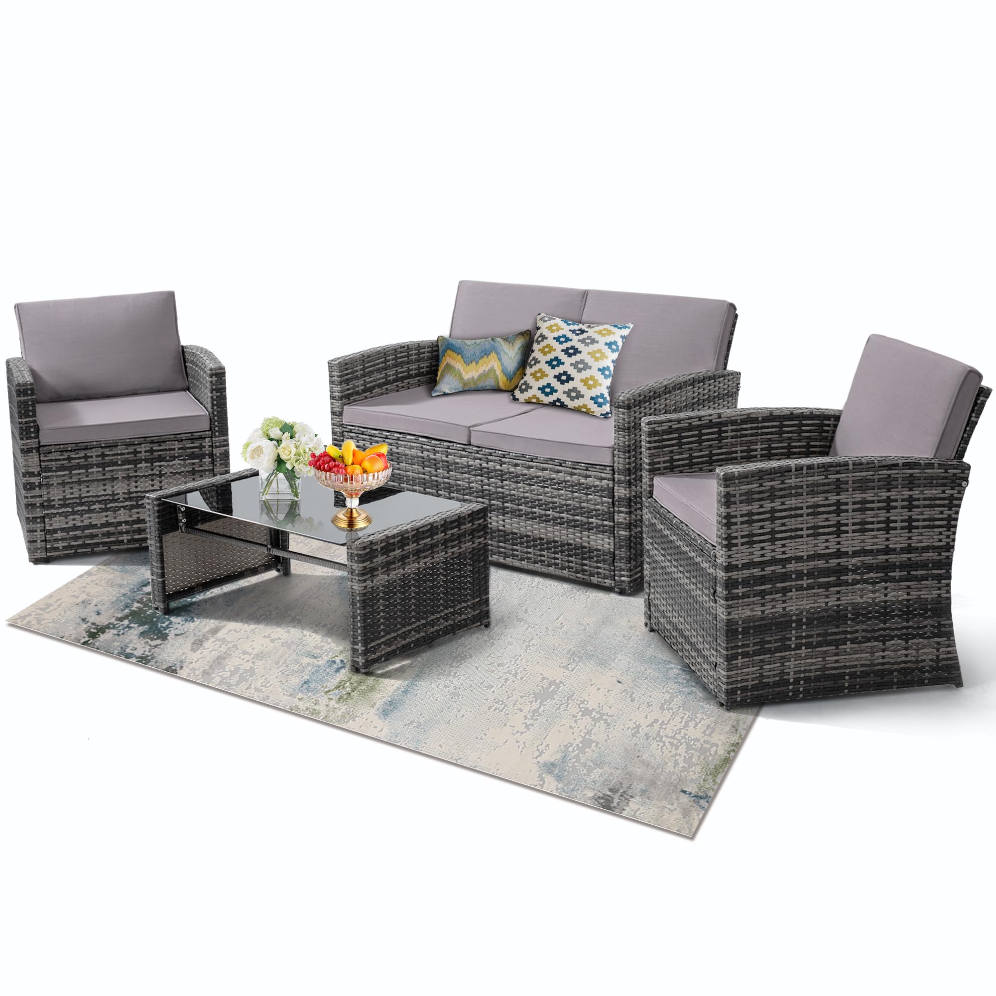 4 Pieces Patio Conversation Set, Outside Rattan Sectional Sofa