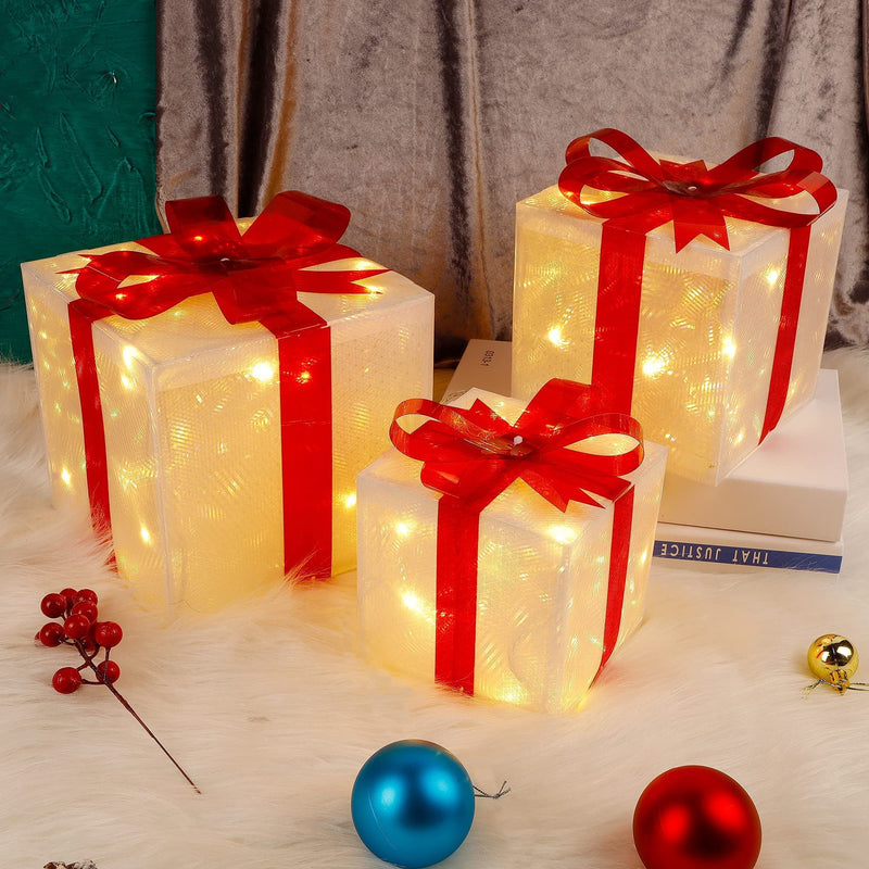 Christmas Lighted Gift Boxes Decorations, Pre-lit Light Up Decorative PVC Present Box