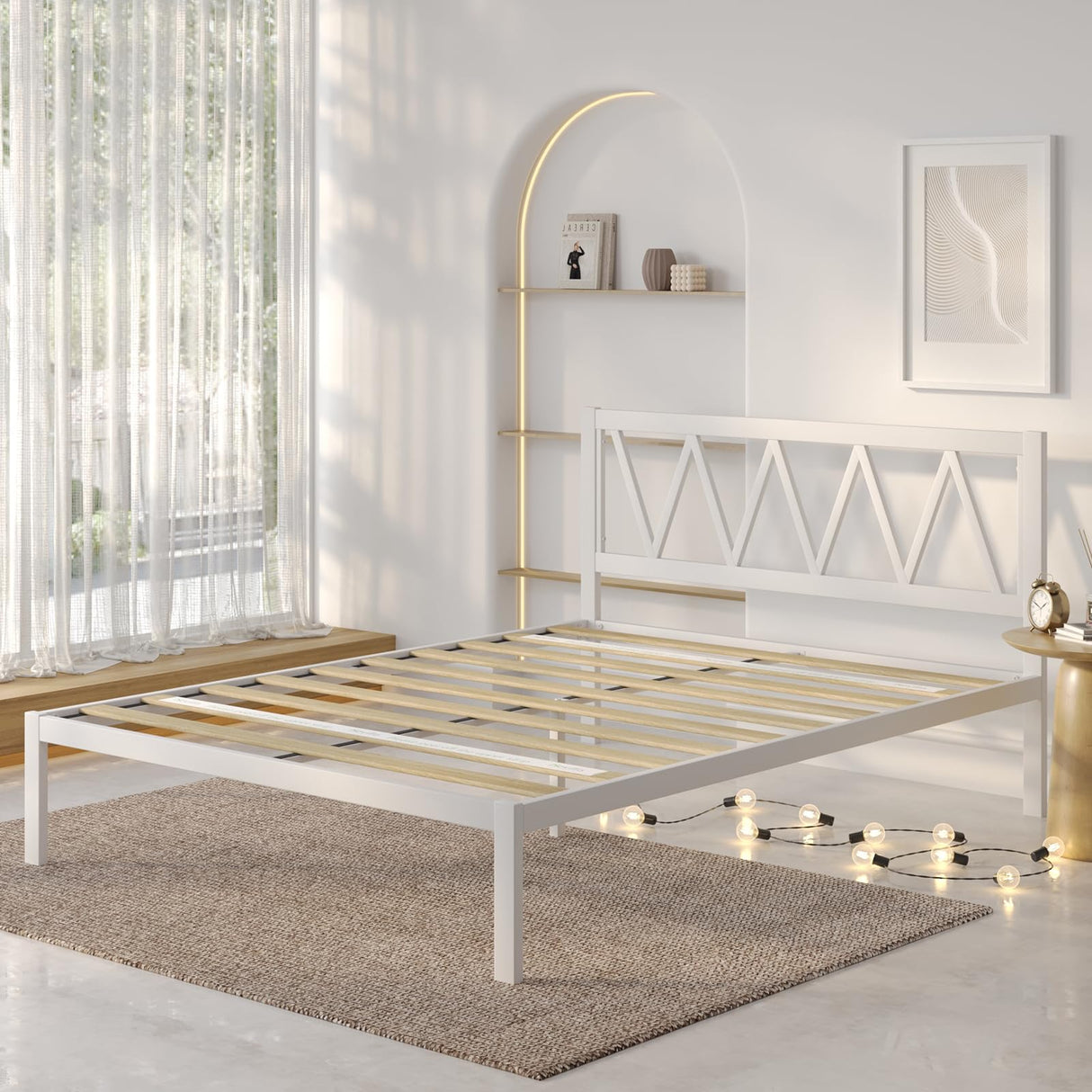 Metal Platform Bed Frame with Headboard, Wood Slat Support, No Box Spring Needed