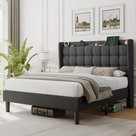 Queen Bed Frame with Button Tufted Headboard, Upholstered Platform Bed with Charging