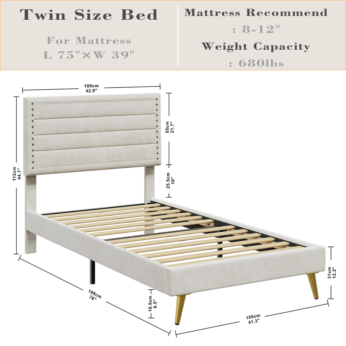 Twin Bed, Platform Bed Frame with Upholstered Headboard and Wooden Slats Support