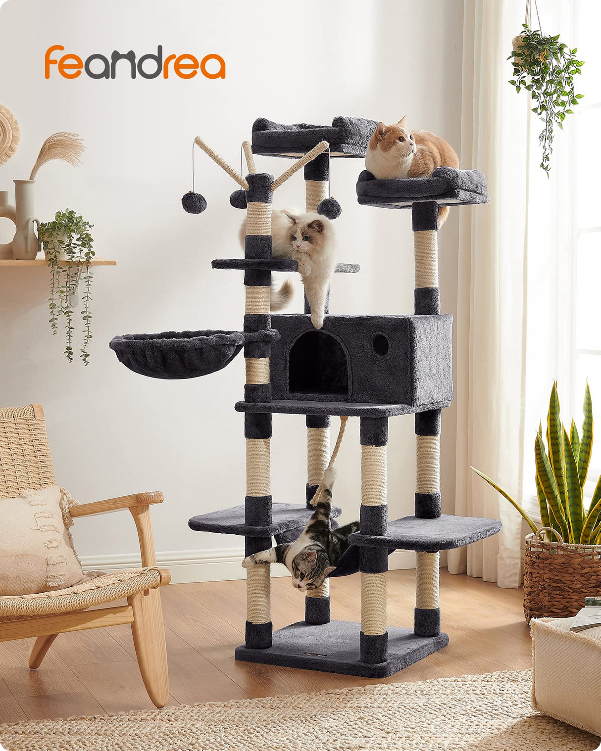 Cat Tree, Large Cat Tower, 64.6 Inches, Cat Activity Center with Hammock, Basket