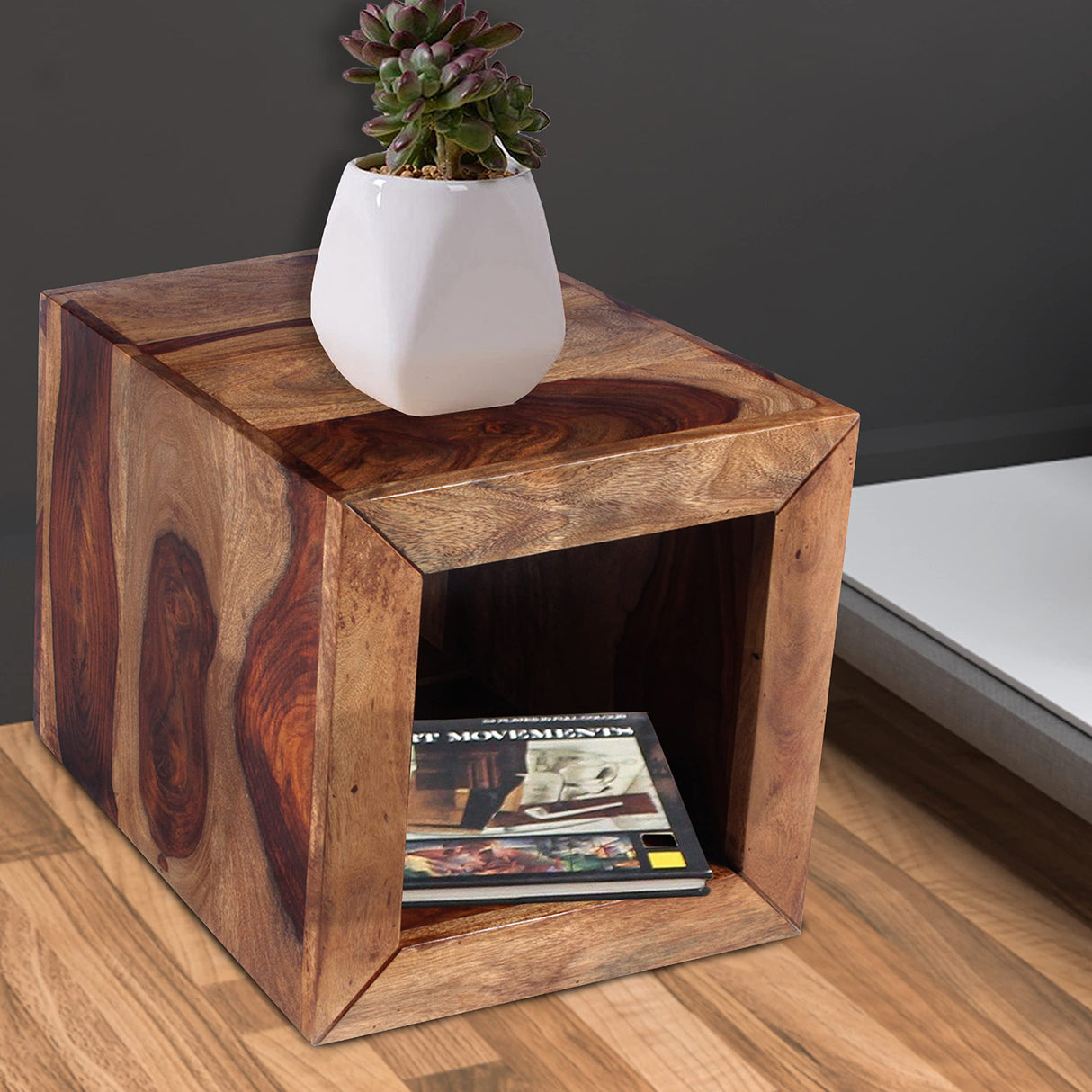 Cube Shape Rosewood Side Table with Cutout Bottom